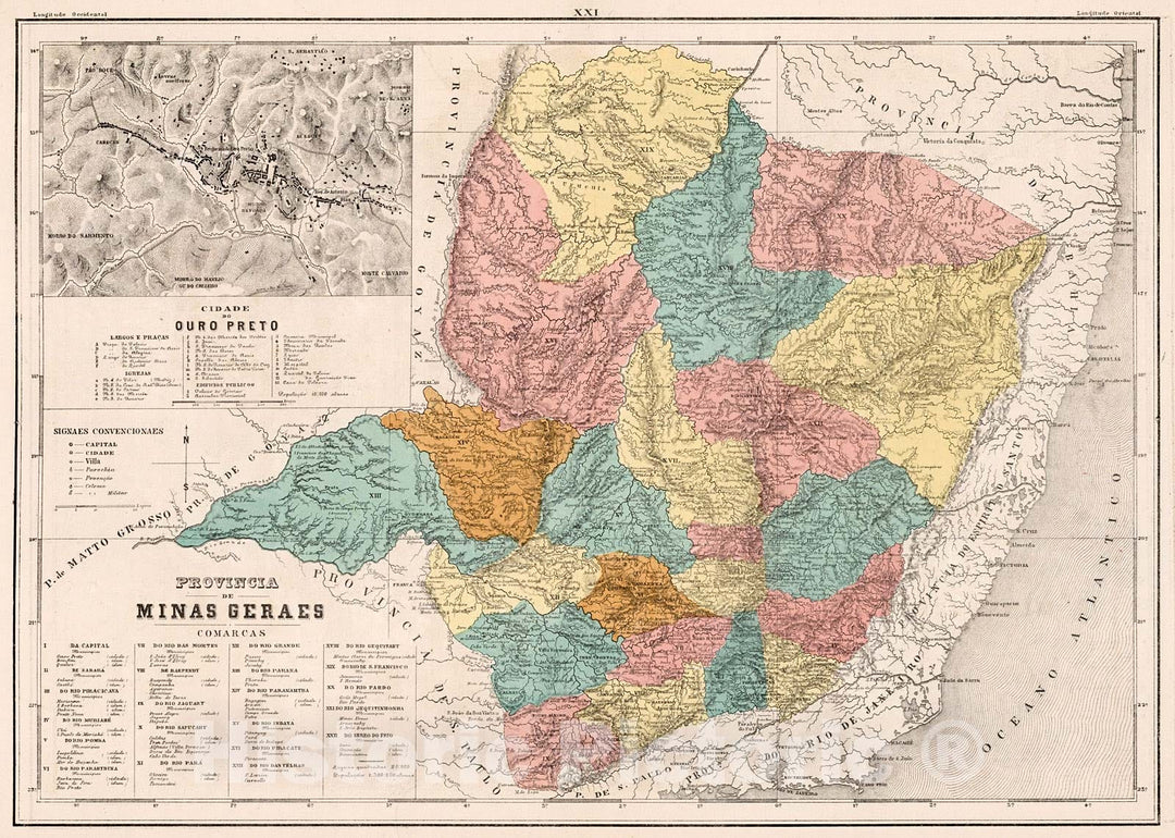 Historic Map : XXI. Provincia de Minas Geraes, 1868, Vintage Wall Decor