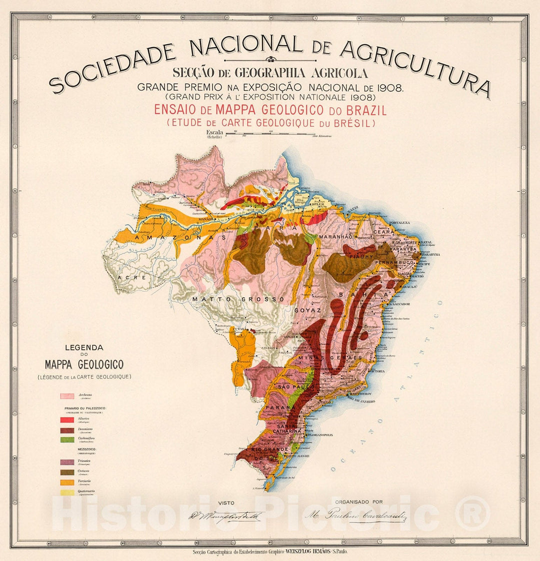 Historic Map : Ensaio de mappa geologico do Brazil, 1908, Vintage Wall Decor