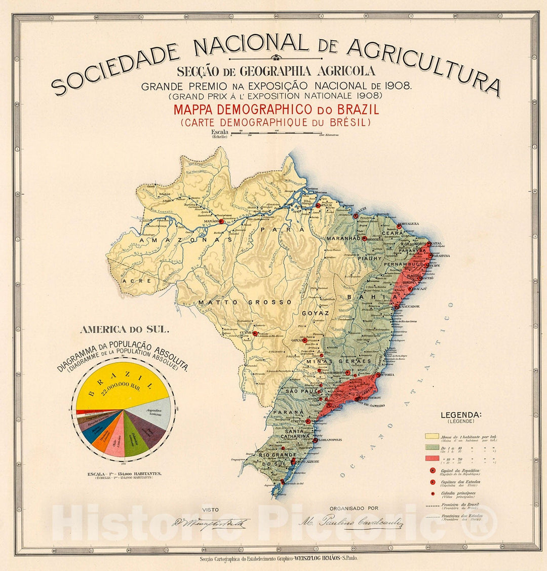 Historic Map : Mappa demographico do Brazil (Carte demographique du Brasil), 1908, v1, Vintage Wall Decor