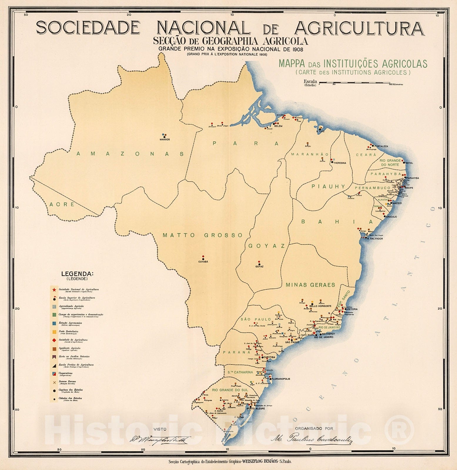 Historic Map : Mappa demographico do Brazil (Carte demographique du Brasil), 1908, v2, Vintage Wall Decor