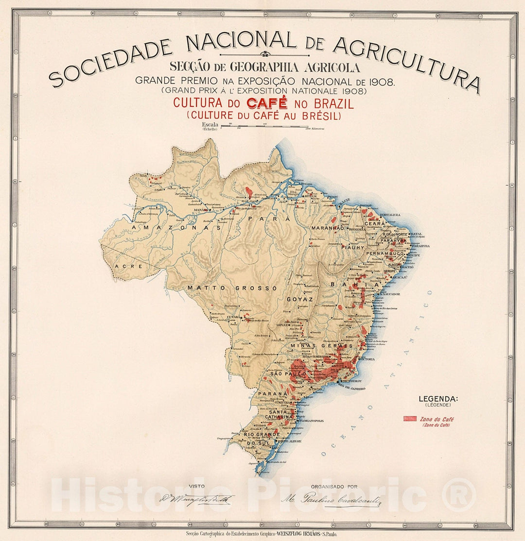 Historic Map : Cultura do cafe no Brazil. (Culture du Cafe au Bresil), 1908, Vintage Wall Decor