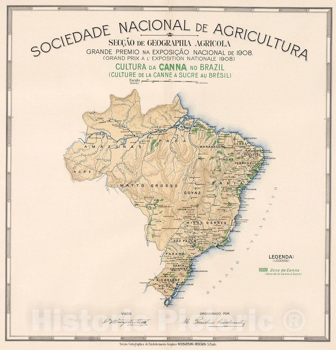 Historic Map : Cultura do canna no Brazil. (Culture du la canne a sucre au Bresil), 1908, Vintage Wall Decor