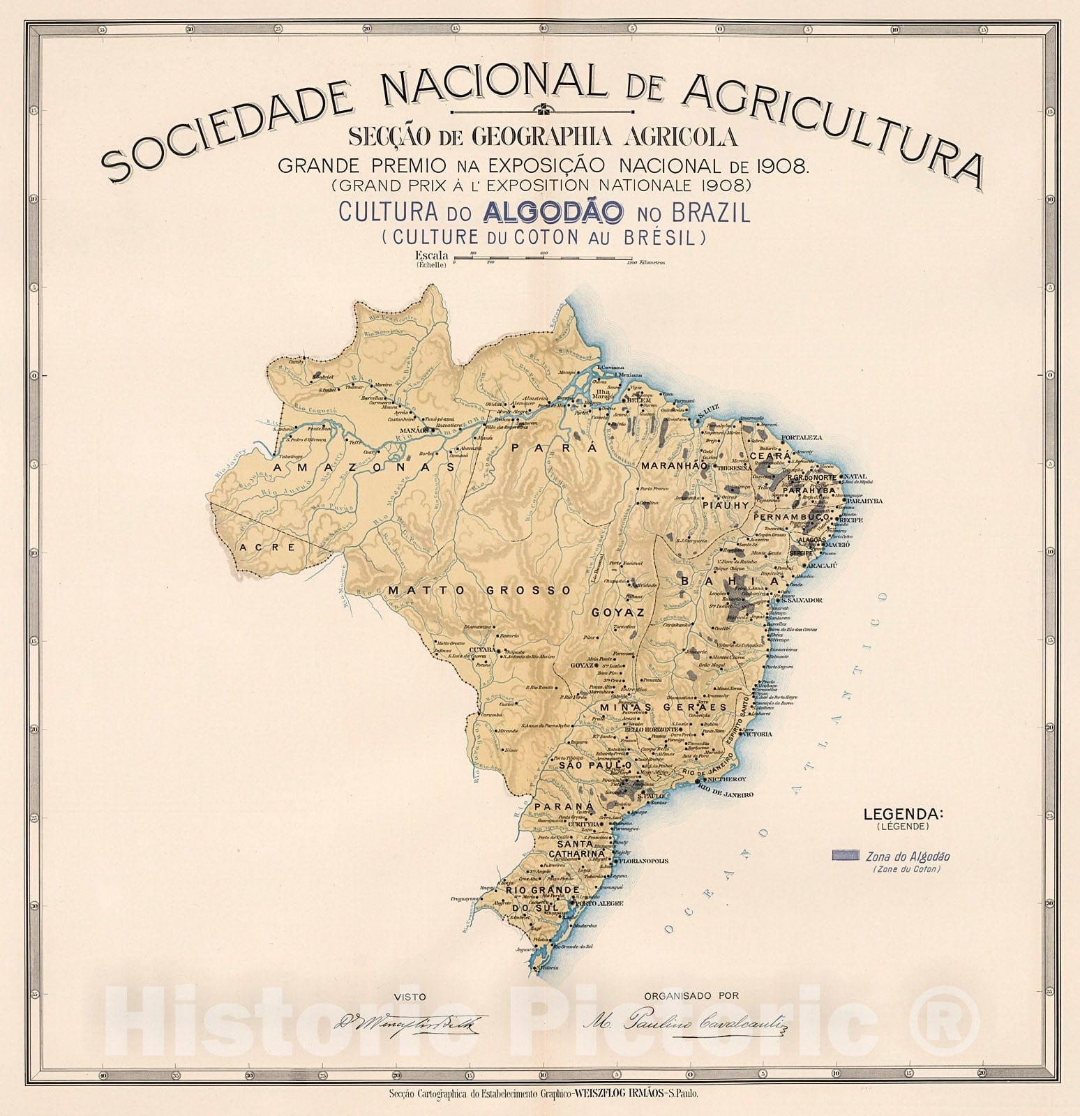 Historic Map : Cultura do algodao no Brazil. (Culture du coton au Bresil), 1908, Vintage Wall Decor