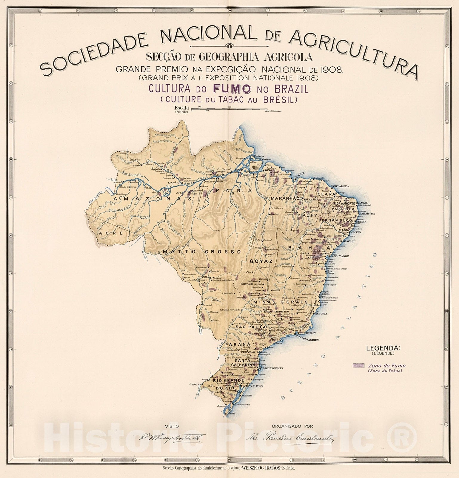 Historic Map : Cultura do fumo no Brazil. (Culture du tabac au Bresil), 1908, Vintage Wall Decor