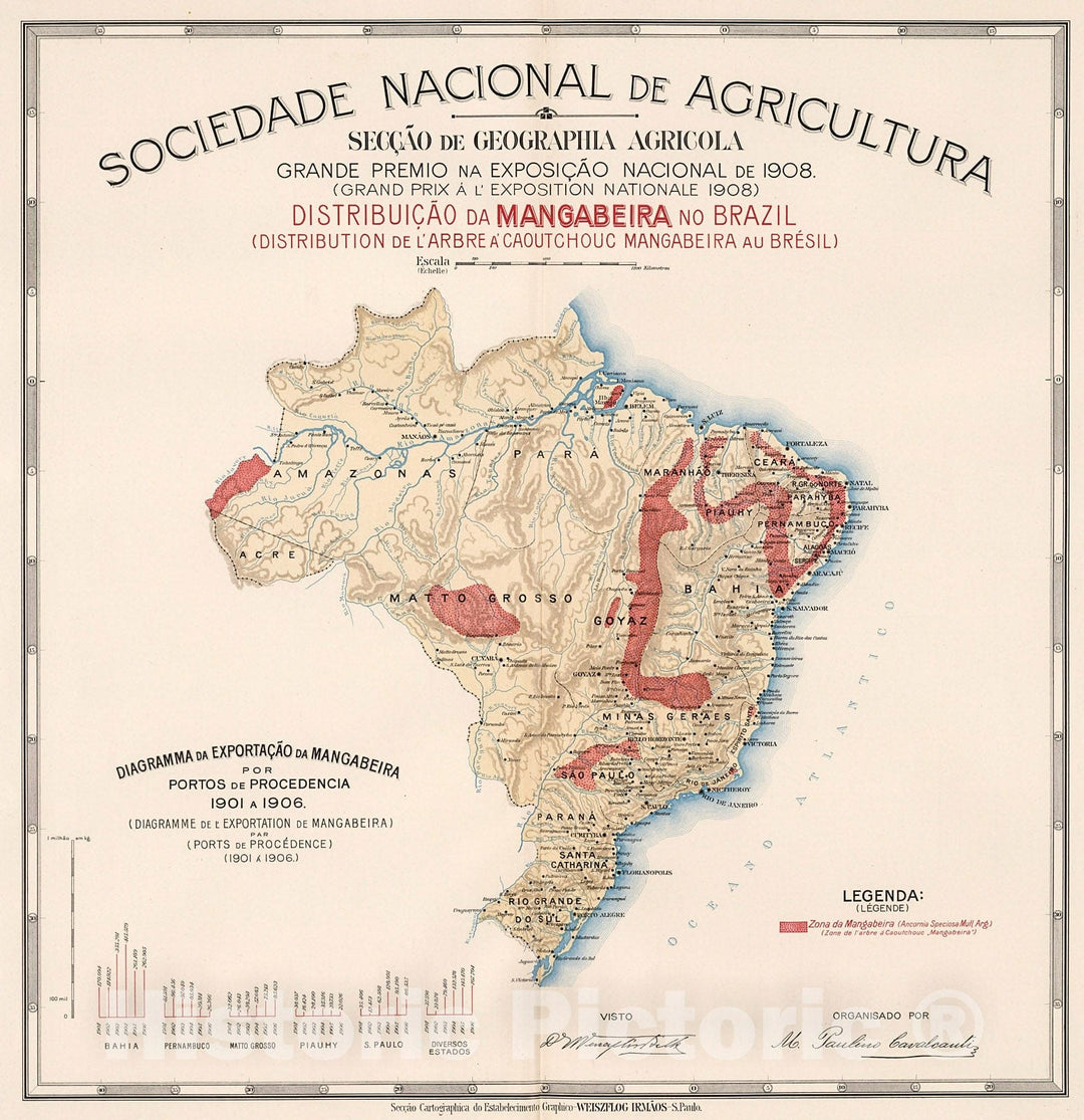 Historic Map : Distribuicao da mangabeira no Brazil, 1908, Vintage Wall Decor