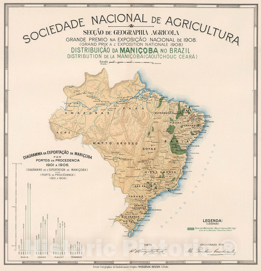 Historic Map : Distribuicao da manicoba no Brazil, 1908, Vintage Wall Decor