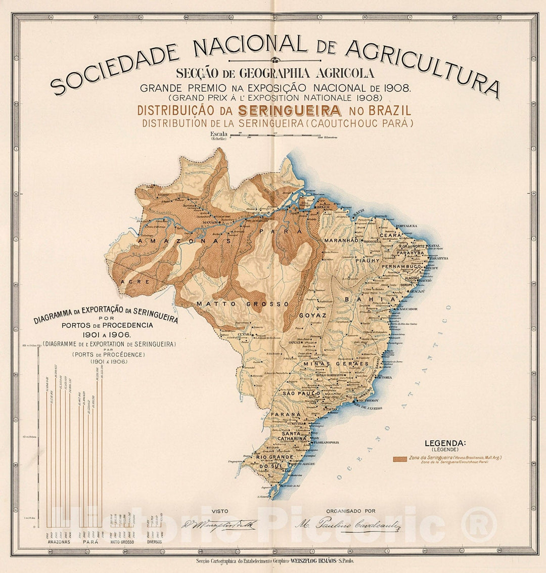 Historic Map : Distribuicao da seringueira no Brazil, 1908, Vintage Wall Decor