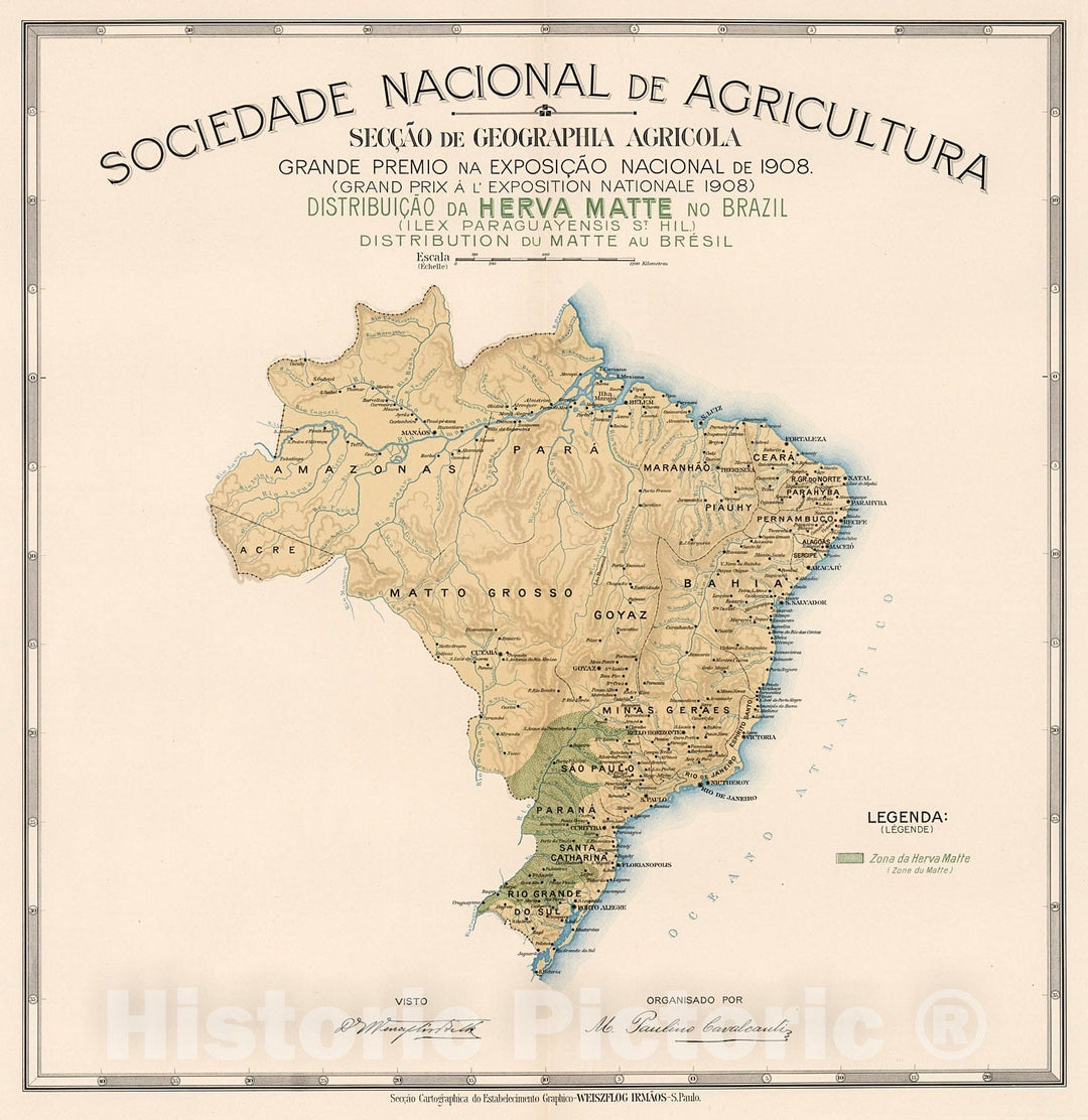 Historic Map : Distribuicao da herva matte no Brazil, 1908, Vintage Wall Decor