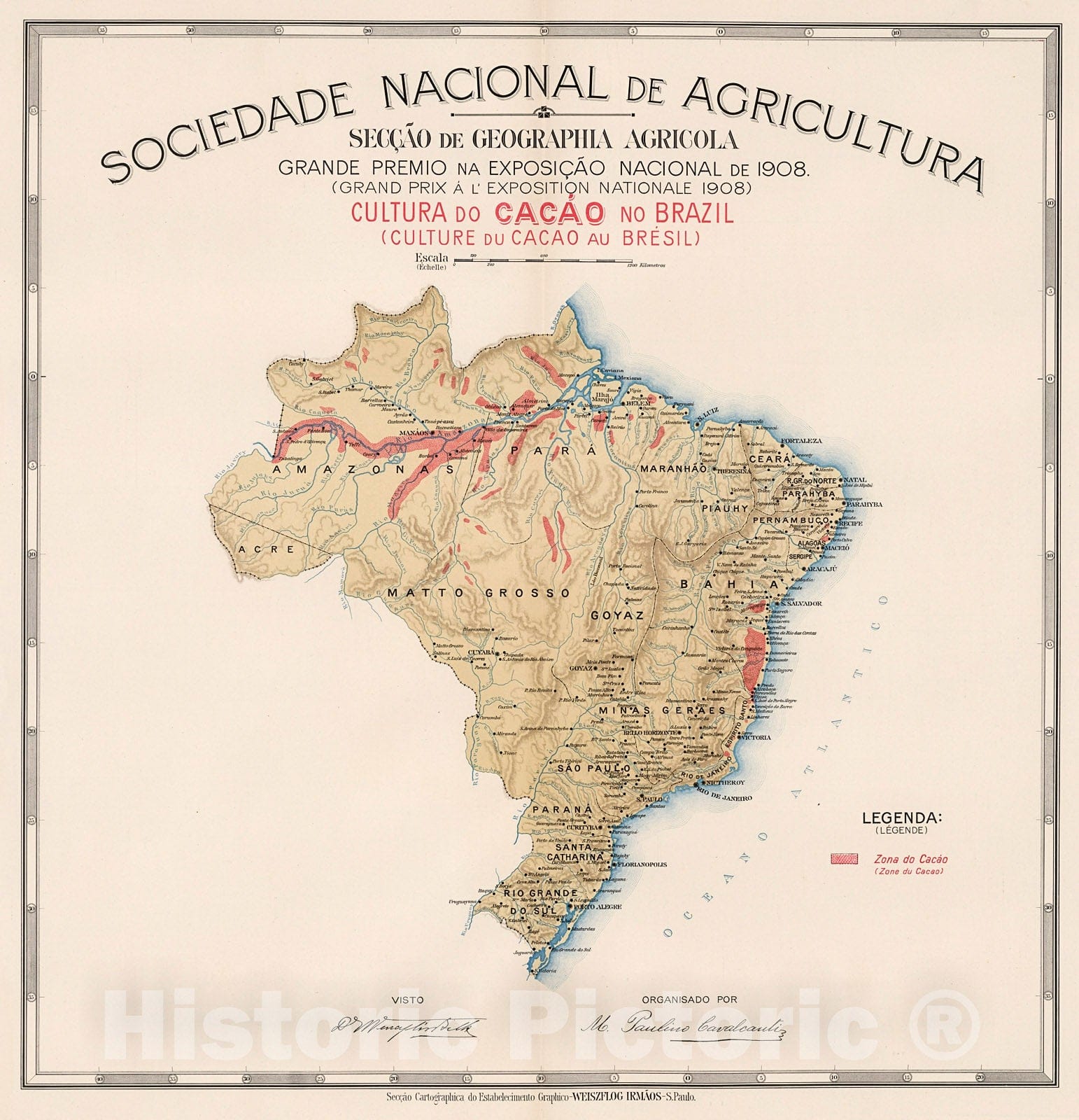 Historic Map : Cultura do cacao no Brazil (Culture do cacao au Bresil), 1908, Vintage Wall Decor