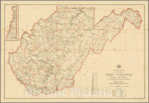 Historic Map : Post route map of the state of West Virginia, 1925, Vintage Wall Decor