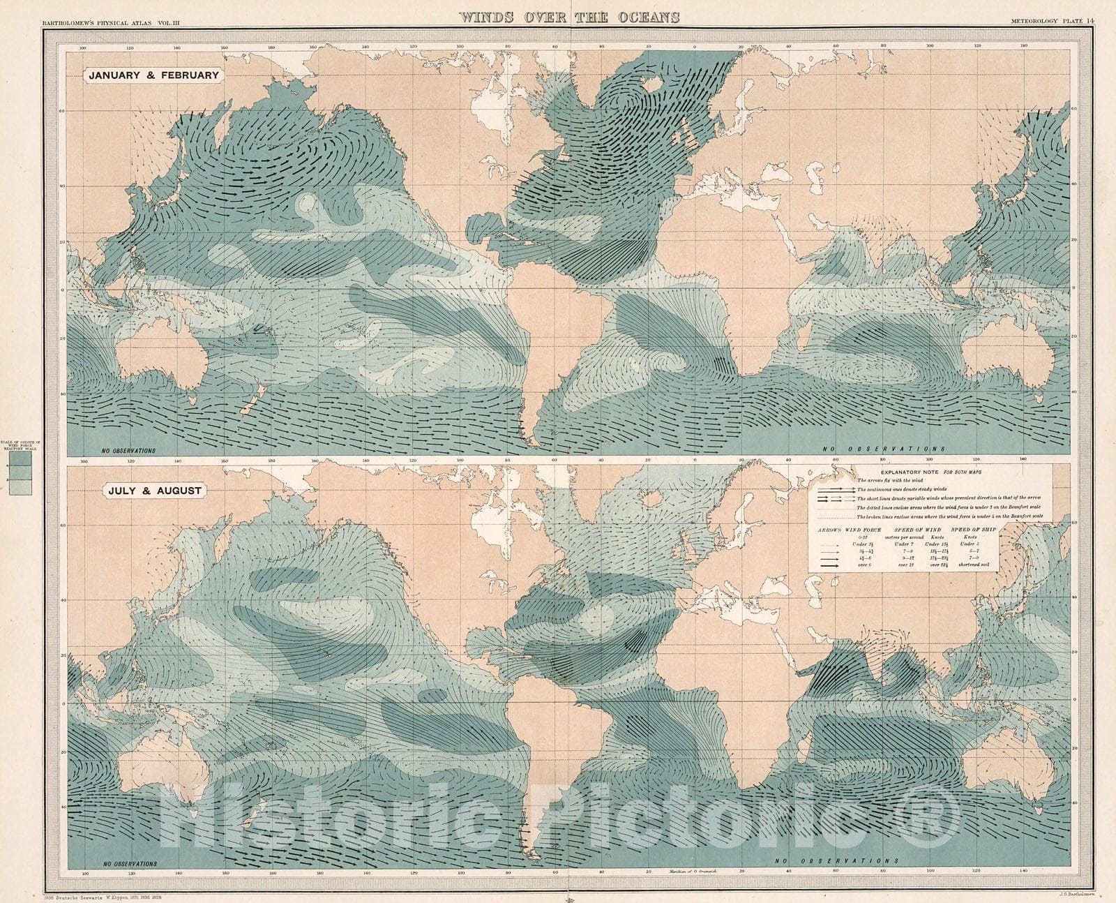 Historic Map : Plate 14. Winds over the Oceans., 1899, Vintage Wall Decor