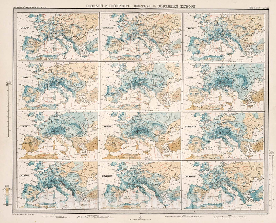 Historic Map : Plate 22. Isobars & Isohyets - Central & Southern Europe., 1899, Vintage Wall Decor