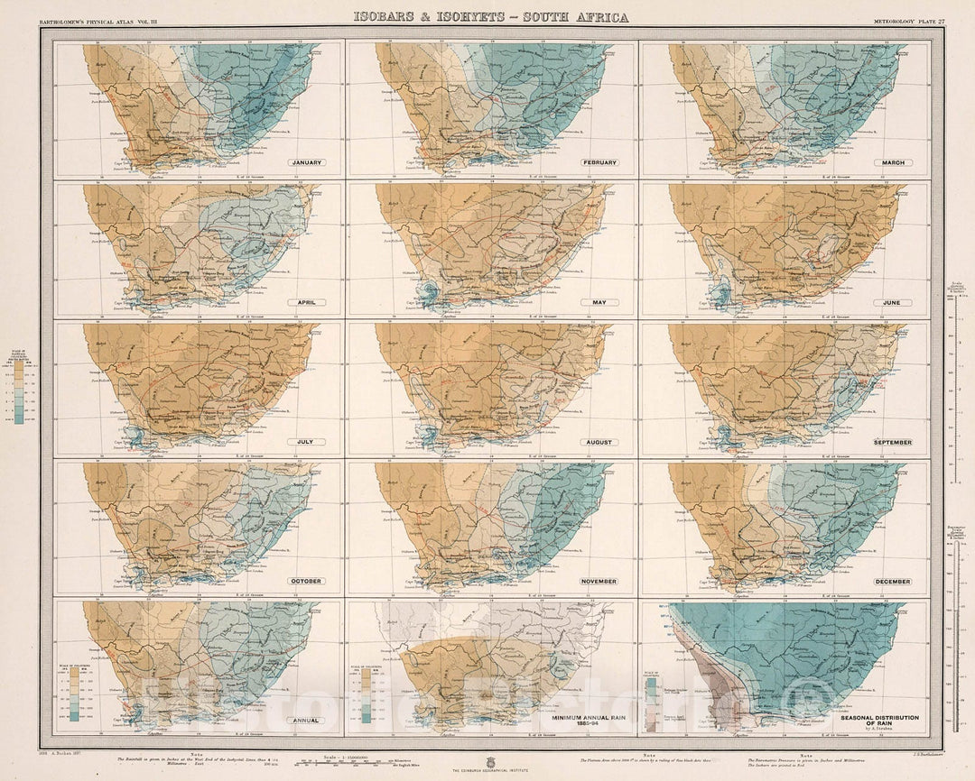 Historic Map : Plate 27. Isobars & Isohyets - South Africa., 1899, Vintage Wall Decor