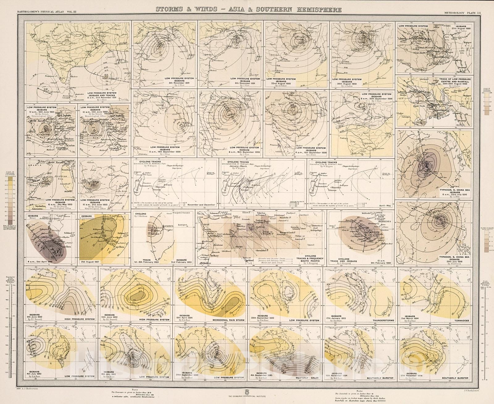 Historic Map : Plate 34. Storms & Winds - Asia & Southern Hemisphere., 1899, Vintage Wall Decor