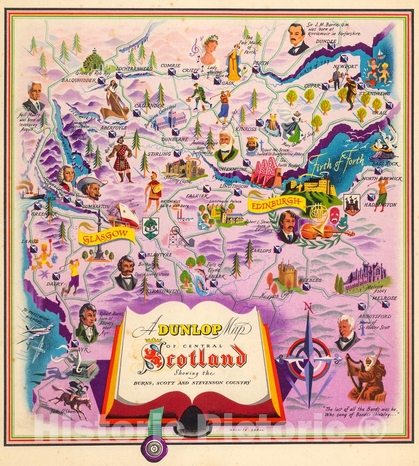 Historic Map : A Dunlop Map of Central Scotland Showing the Burns, Scott and Stevenson County., 1936, Vintage Wall Decor