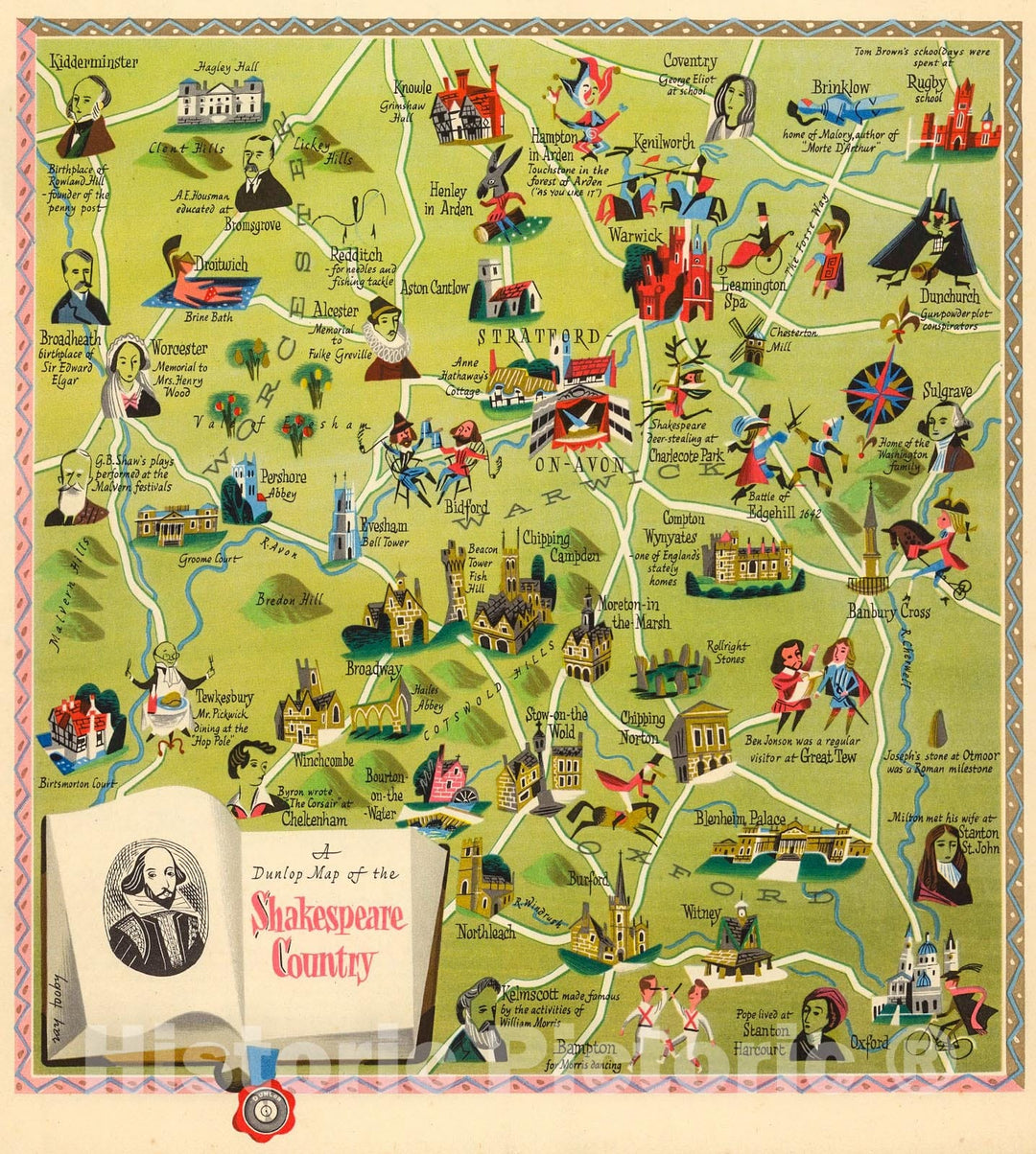 Historic Map : A Dunlop Map of the Shakespeare Country..., 1937, Vintage Wall Decor