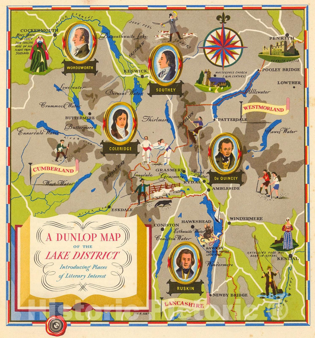 Historic Map : Dunlop Map of the Lake District Introducing Places of Literary Interest., 1935, Vintage Wall Decor