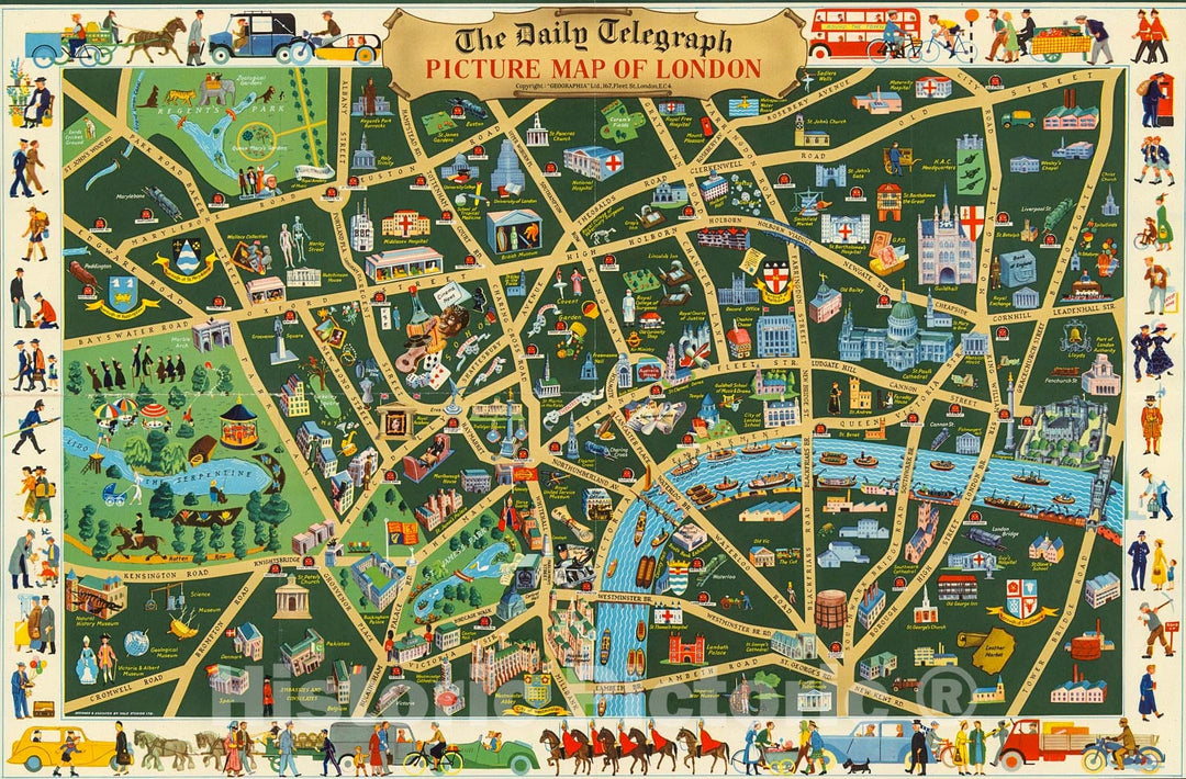 Historic Map : The Daily Telegraph Picture Map of London. With street plan of Central London., 1950, Vintage Wall Decor