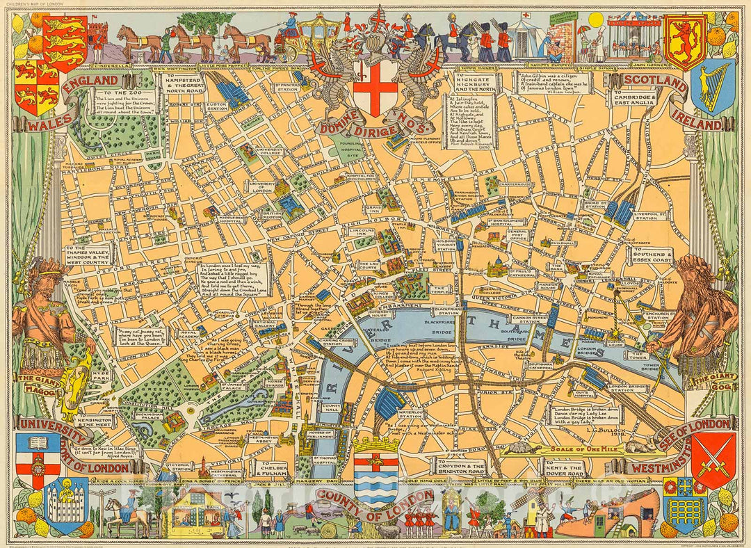 Historic Map : Children's Map of London. Printed and Published by John Bartholomew & Son Ltd., Edinburgh., 1938, Vintage Wall Decor