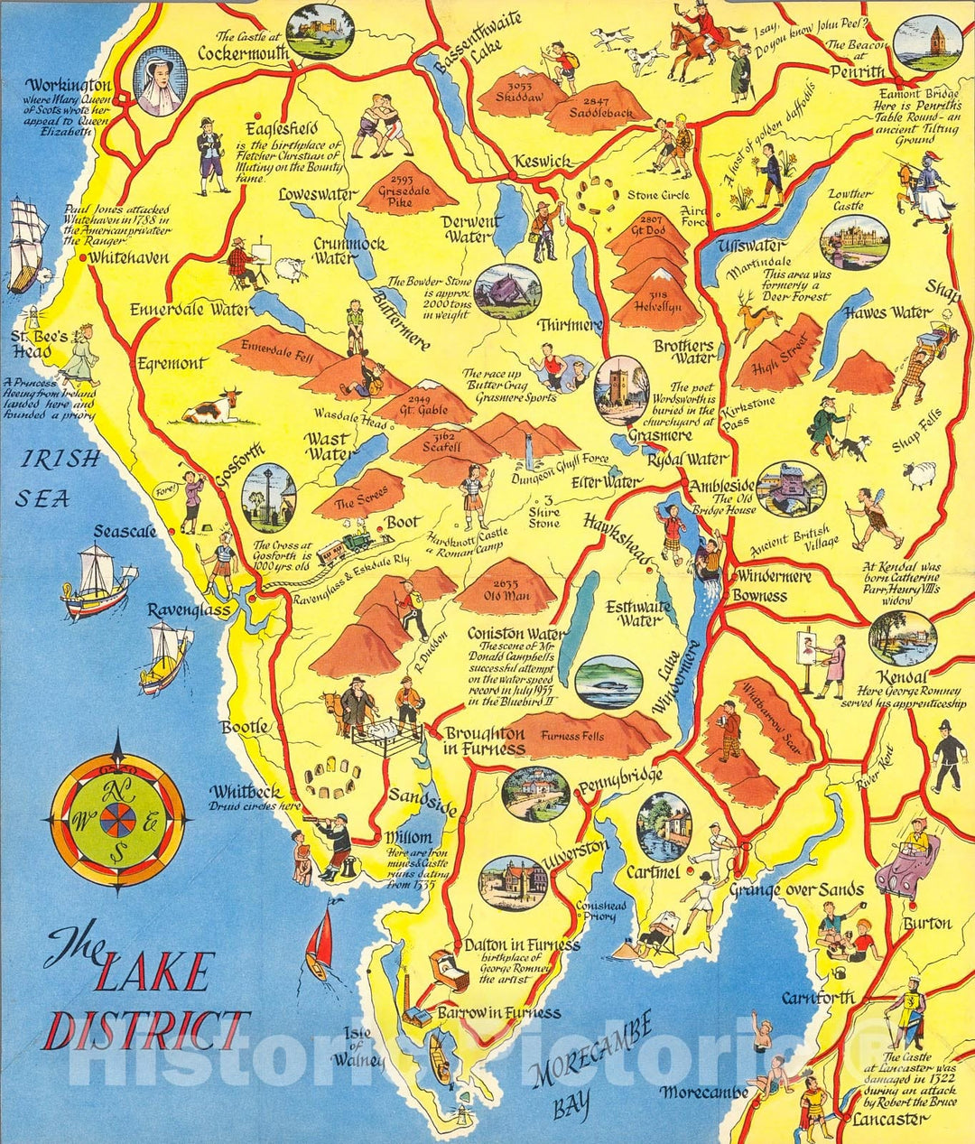 Historic Map : The Lake District., 1955, Vintage Wall Decor