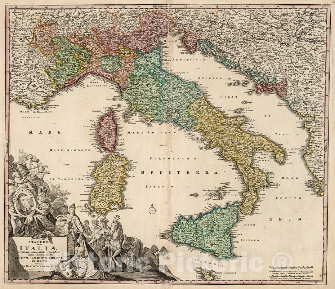 Historic Map : Italiae ... Siciliae, Sardiniae, Corsicae et Malte., 1716, Vintage Wall Decor