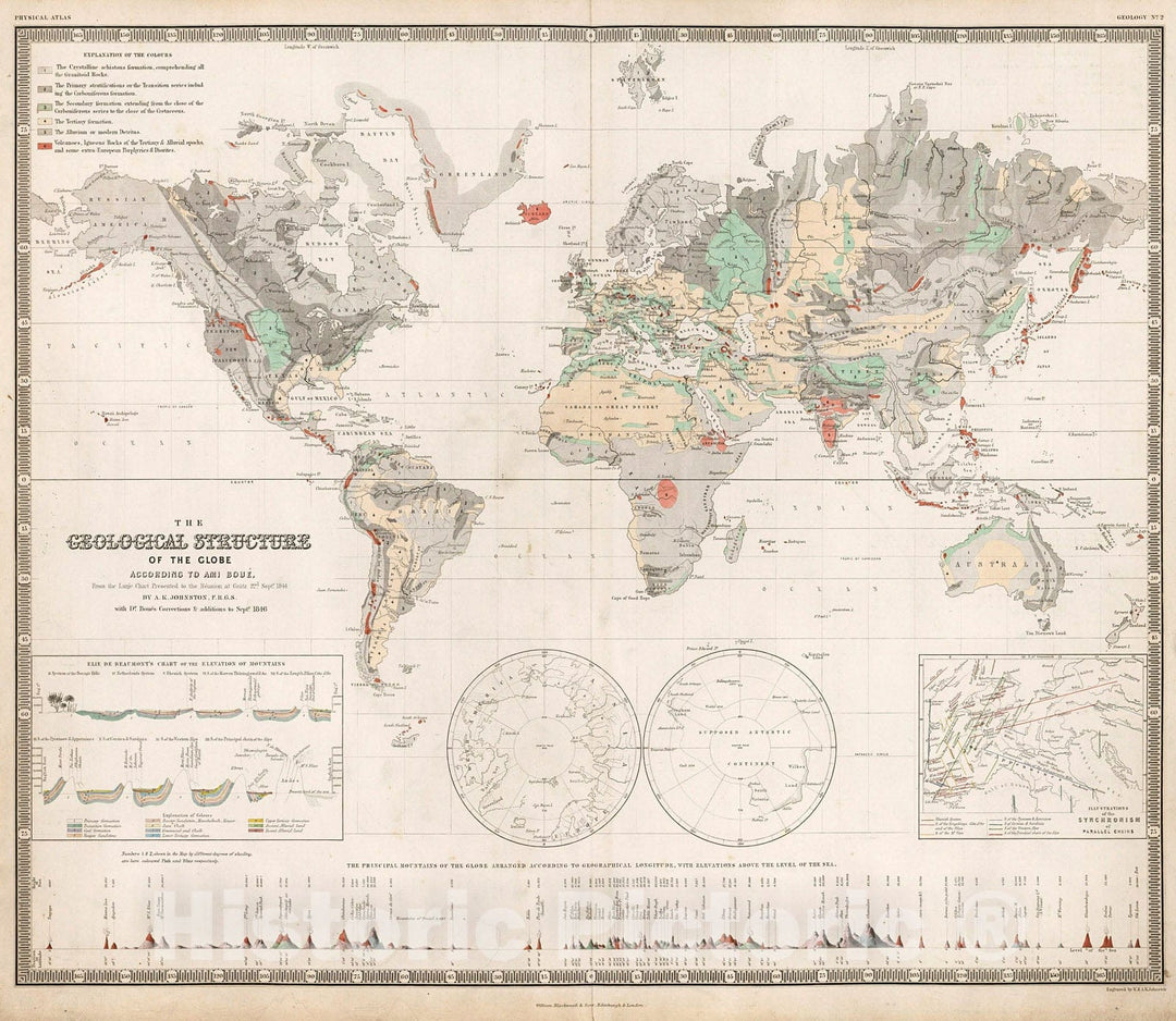 Historic Map : Geological Structure of the Globe according to Ami Boue., 1850, Vintage Wall Decor