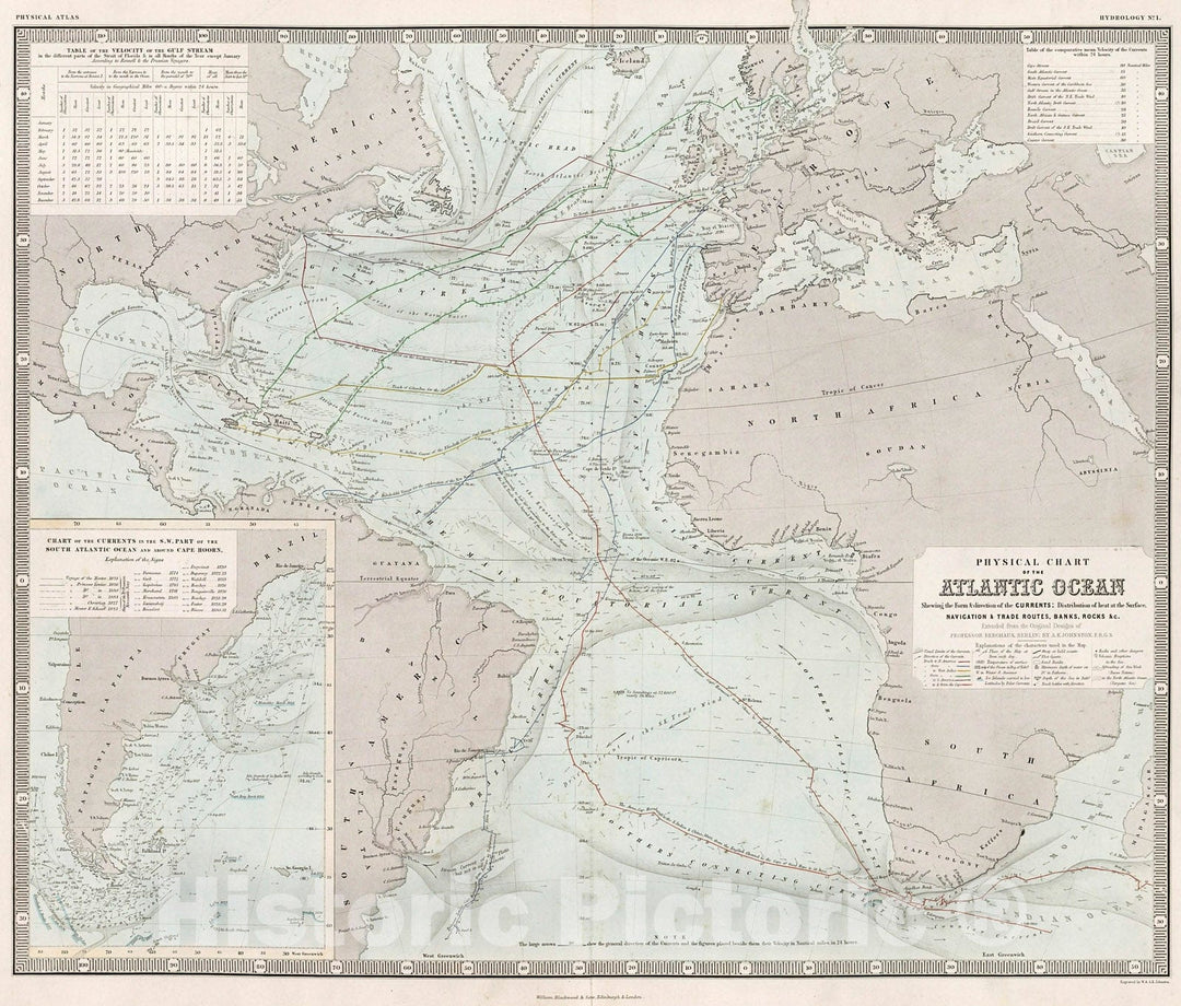 Historic Map : Physical Chart of the Atlantic Ocean., 1850, Vintage Wall Decor