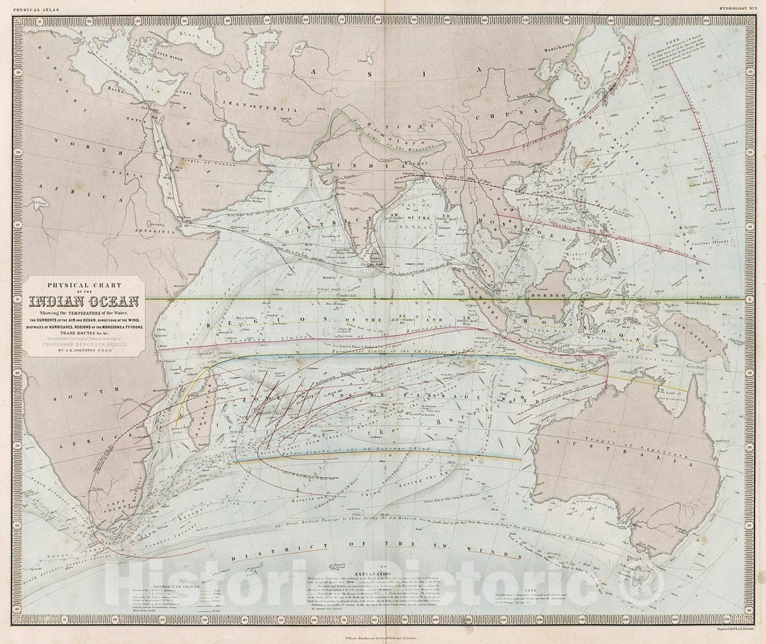 Historic Map : Physical Chart of the Indian Ocean., 1850, Vintage Wall Decor