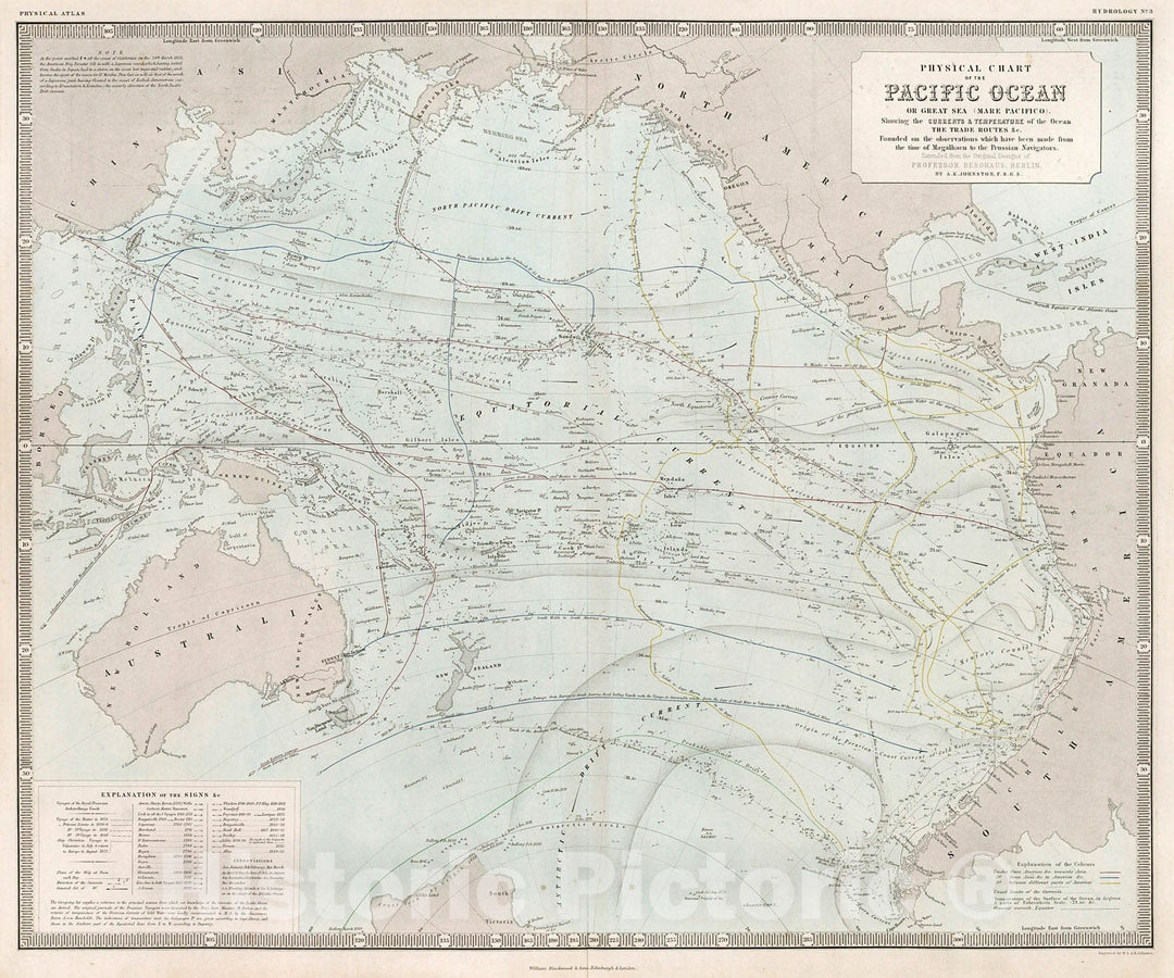 Historic Map : Physical Chart of the Pacific Ocean., 1850, Vintage Wall Decor