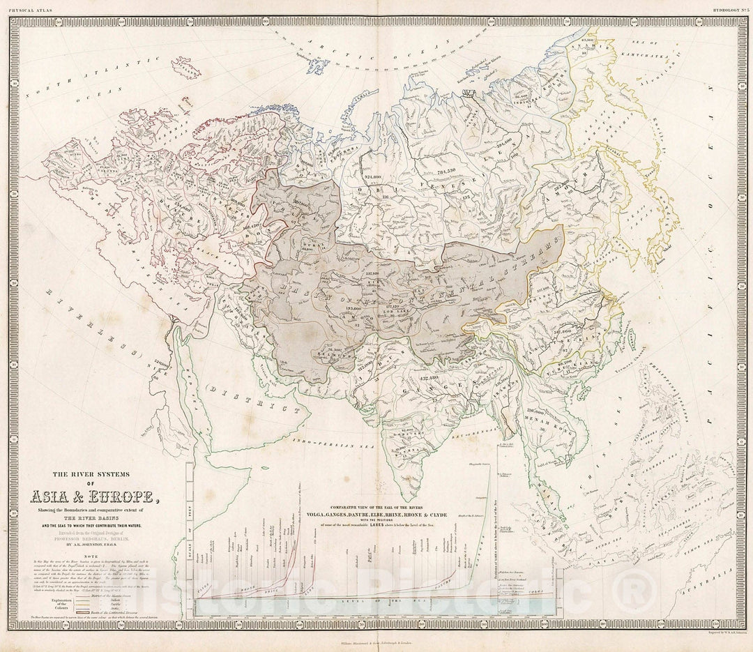 Historic Map : River Systems of Asia and Europe., 1850, Vintage Wall Decor