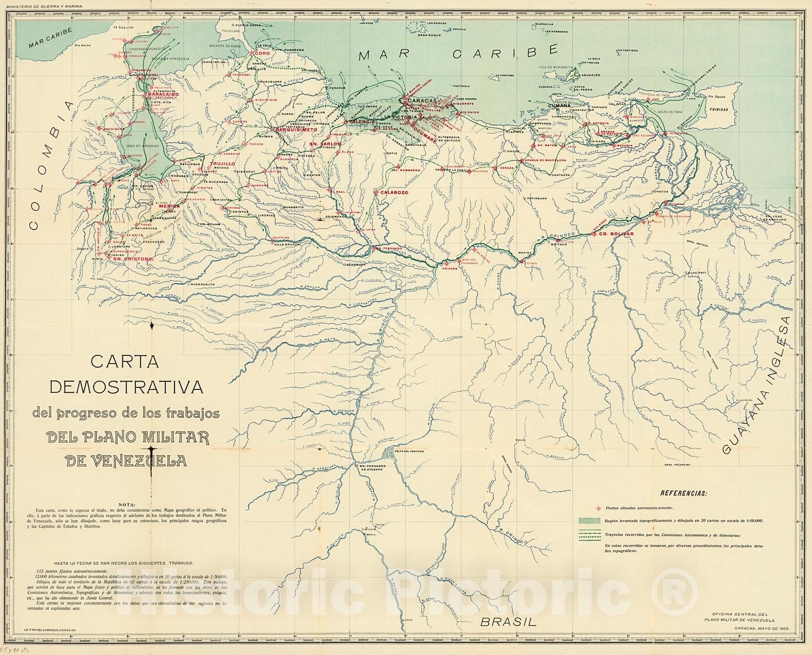 Historic Map - Carta Demostrativa del progreso de los trabajos Del Plan Militar de Venezuela/Progress of the Venezuelan military's, Caribbean Sea, 1909 - Vintage Wall Art