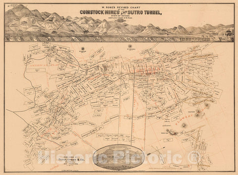 Historic Map - W. Rose's Revised Chart of the Comstock Mines and Sutro Tunnel, State of Nevada, 1878, Payot Upham & Co. - Vintage Wall Art