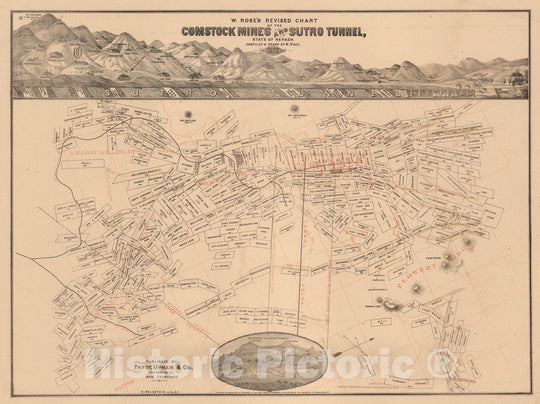 Historic Map - W. Rose's Revised Chart of the Comstock Mines and Sutro Tunnel, State of Nevada, 1878, Payot Upham & Co. - Vintage Wall Art