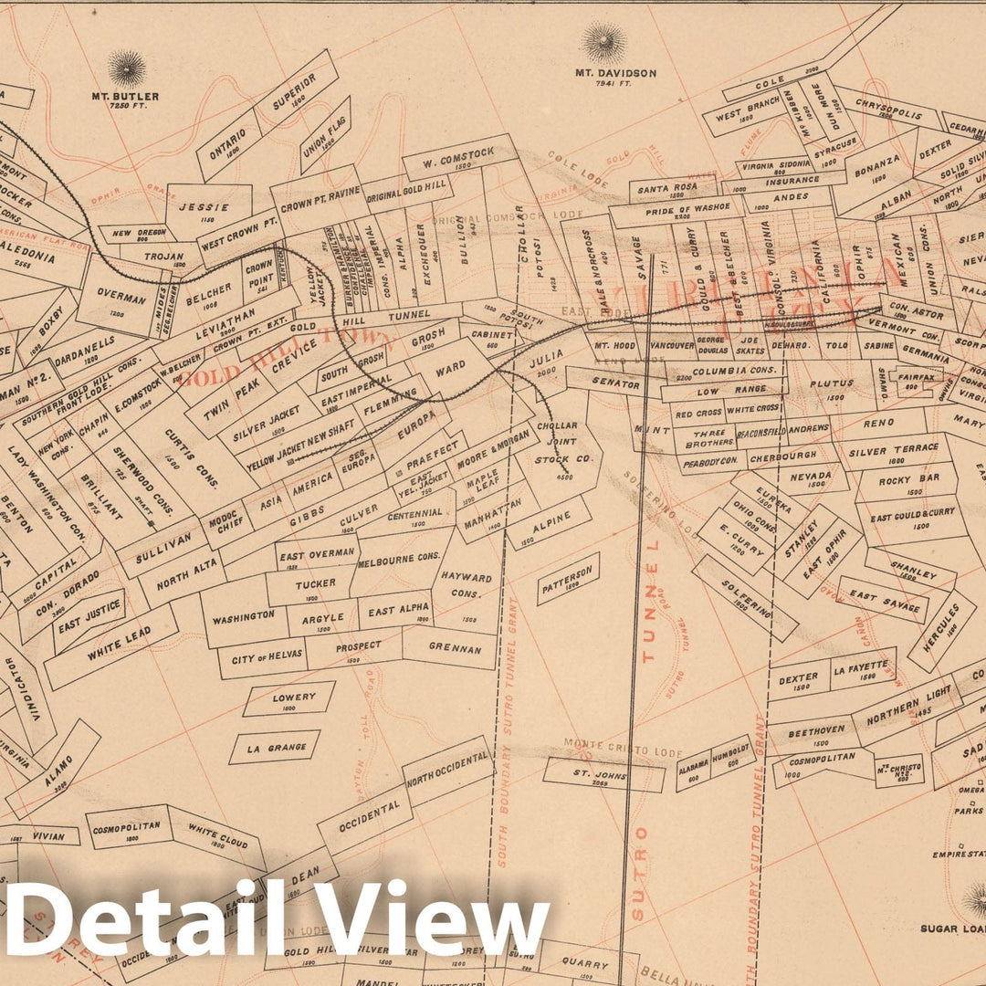 Historic Map - W. Rose's Revised Chart of the Comstock Mines and Sutro Tunnel, State of Nevada, 1878, Payot Upham & Co. - Vintage Wall Art