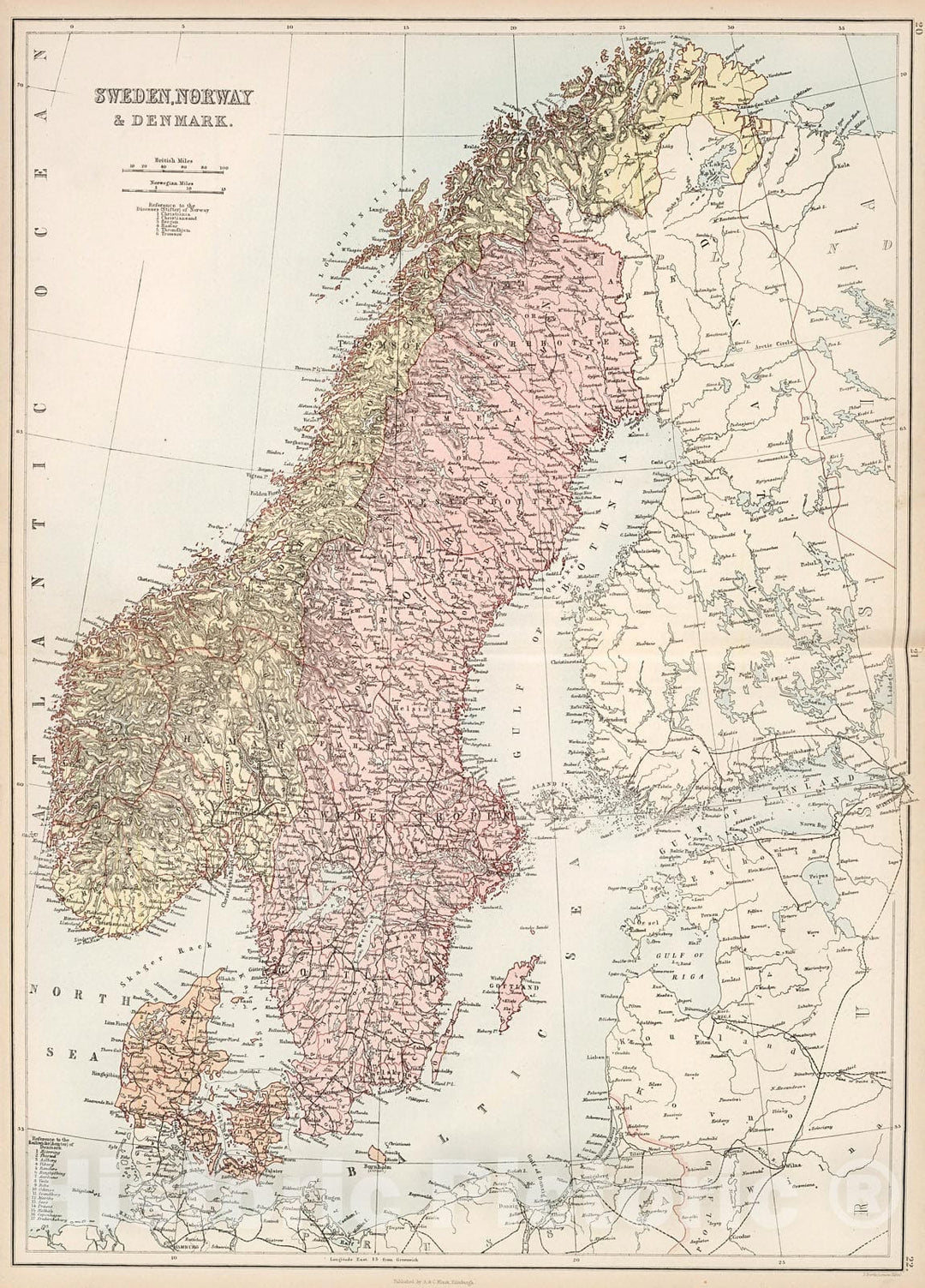 Historic Map : Sweden, Norway & Denmark., 1884, Vintage Wall Decor