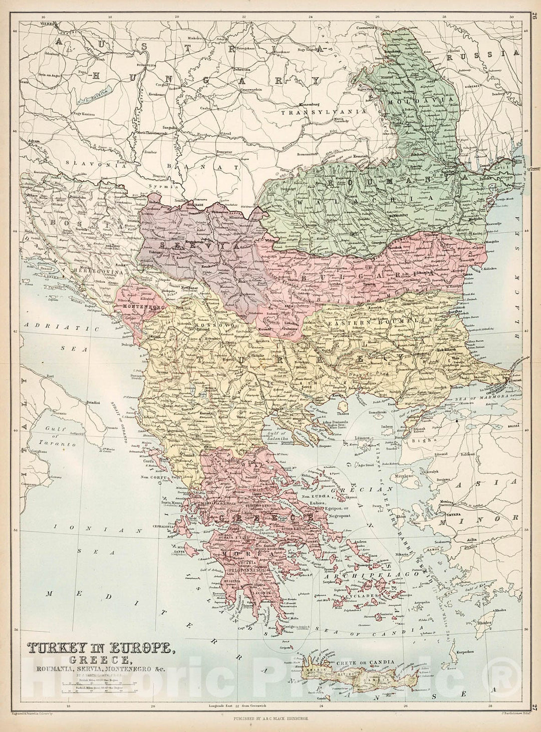 Historic Map : Turkey in Europe, Greece, Roumania, Servia, Montenegro &c., 1884, Vintage Wall Decor