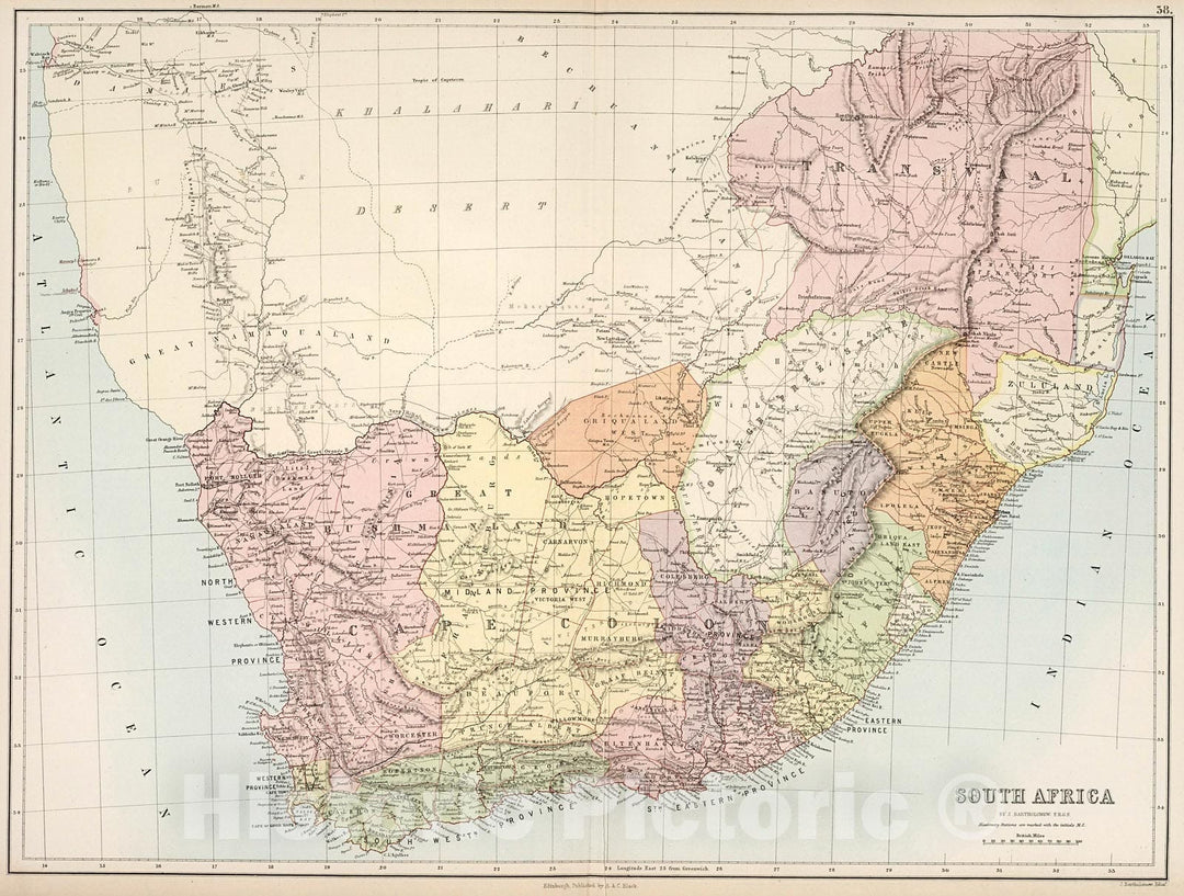 Historic Map : South Africa., 1884, Vintage Wall Decor