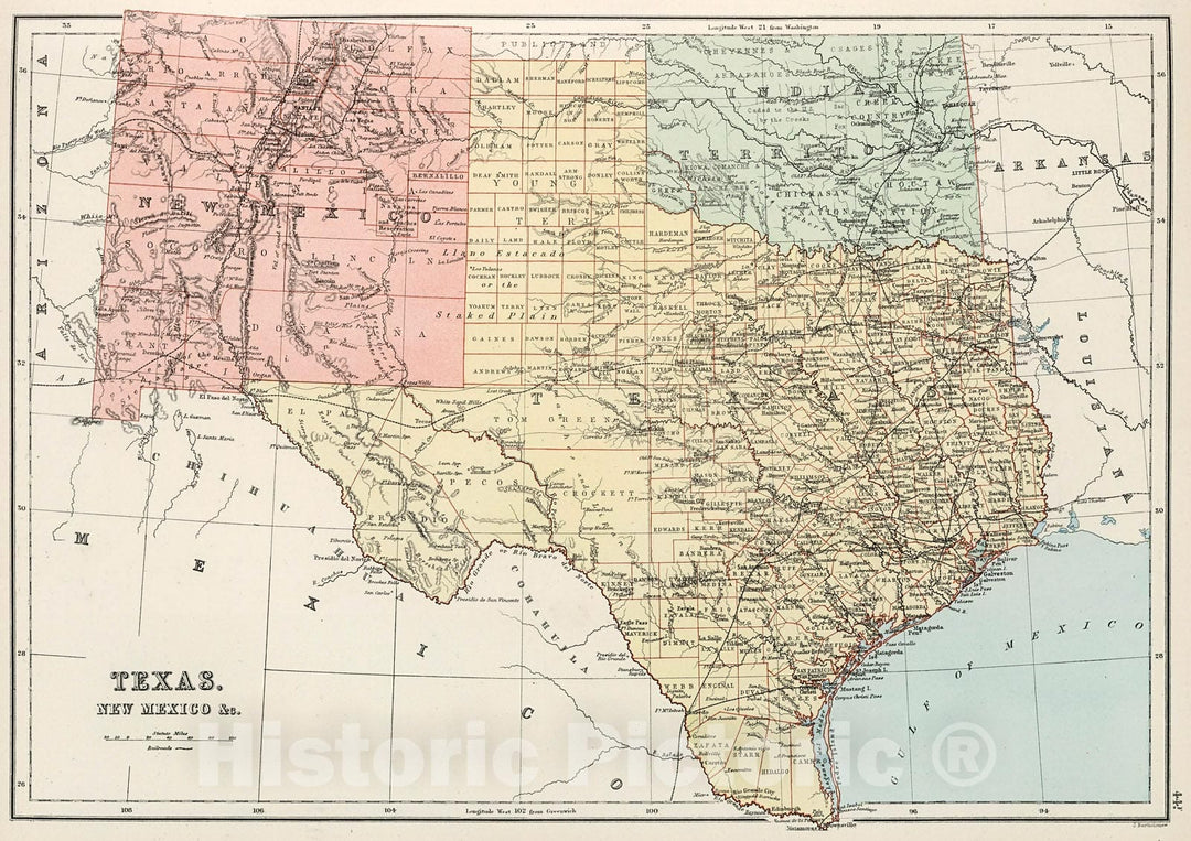 Historic Map : Texas, New Mexico &c., 1884, Vintage Wall Decor