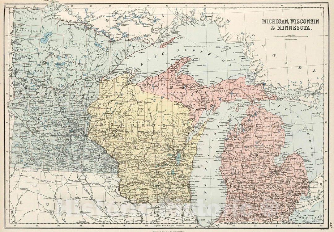 Historic Map : Michigan, Wisconsin & Minnesota., 1884, Vintage Wall Decor