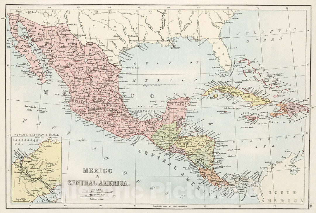 Historic Map : Mexico & Central America., 1884, Vintage Wall Decor