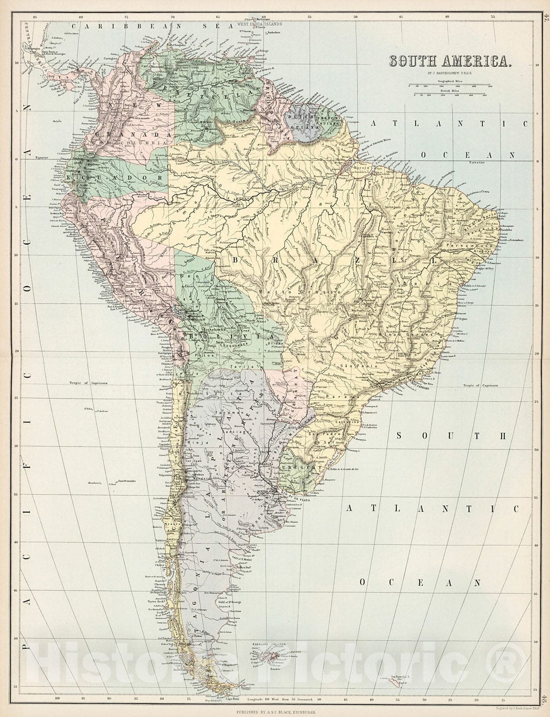 Historic Map : South America., 1884, Vintage Wall Decor