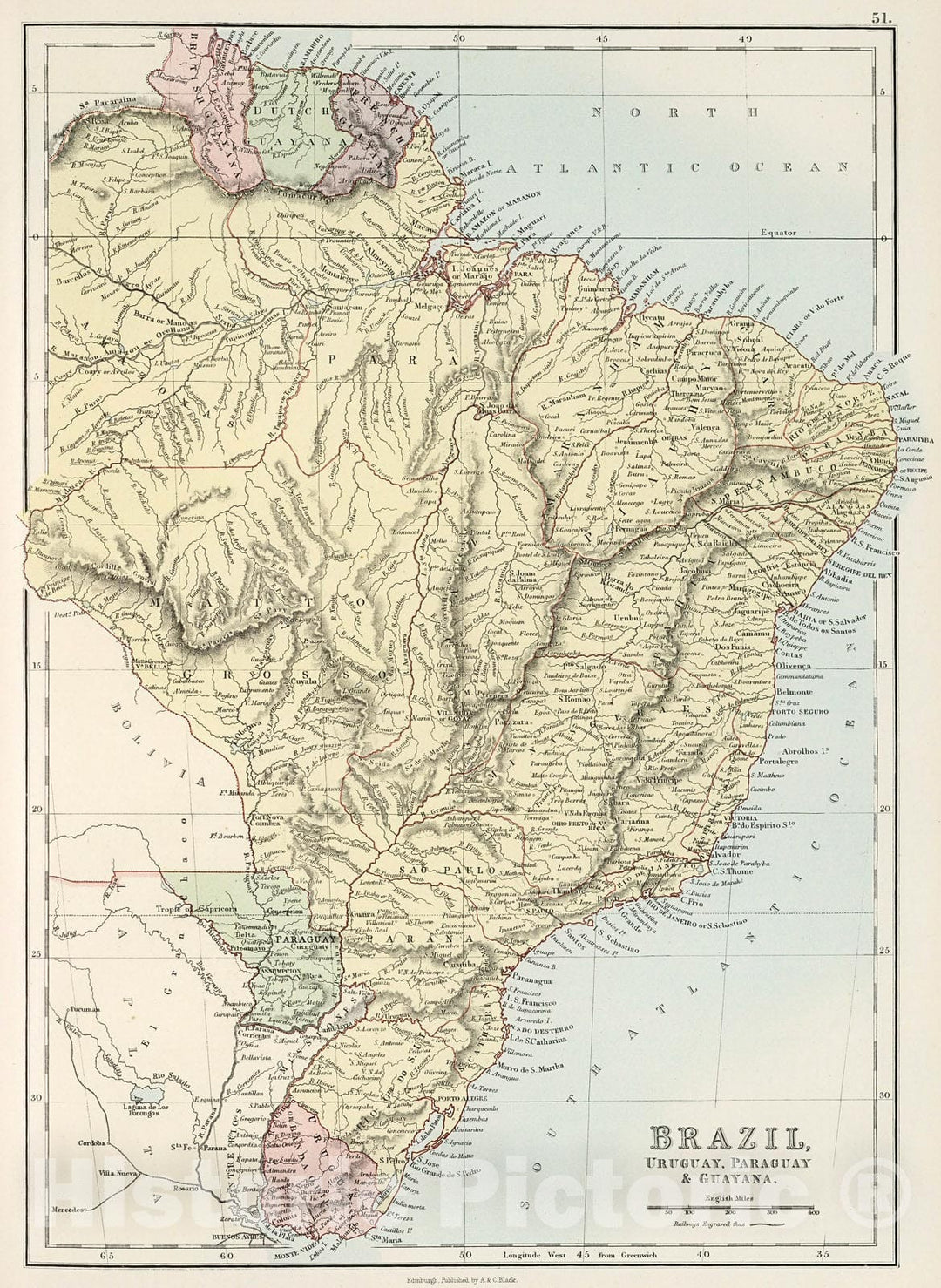 Historic Map : Brazil, Uruguay, Paraguay & Guayana., 1884, Vintage Wall Decor