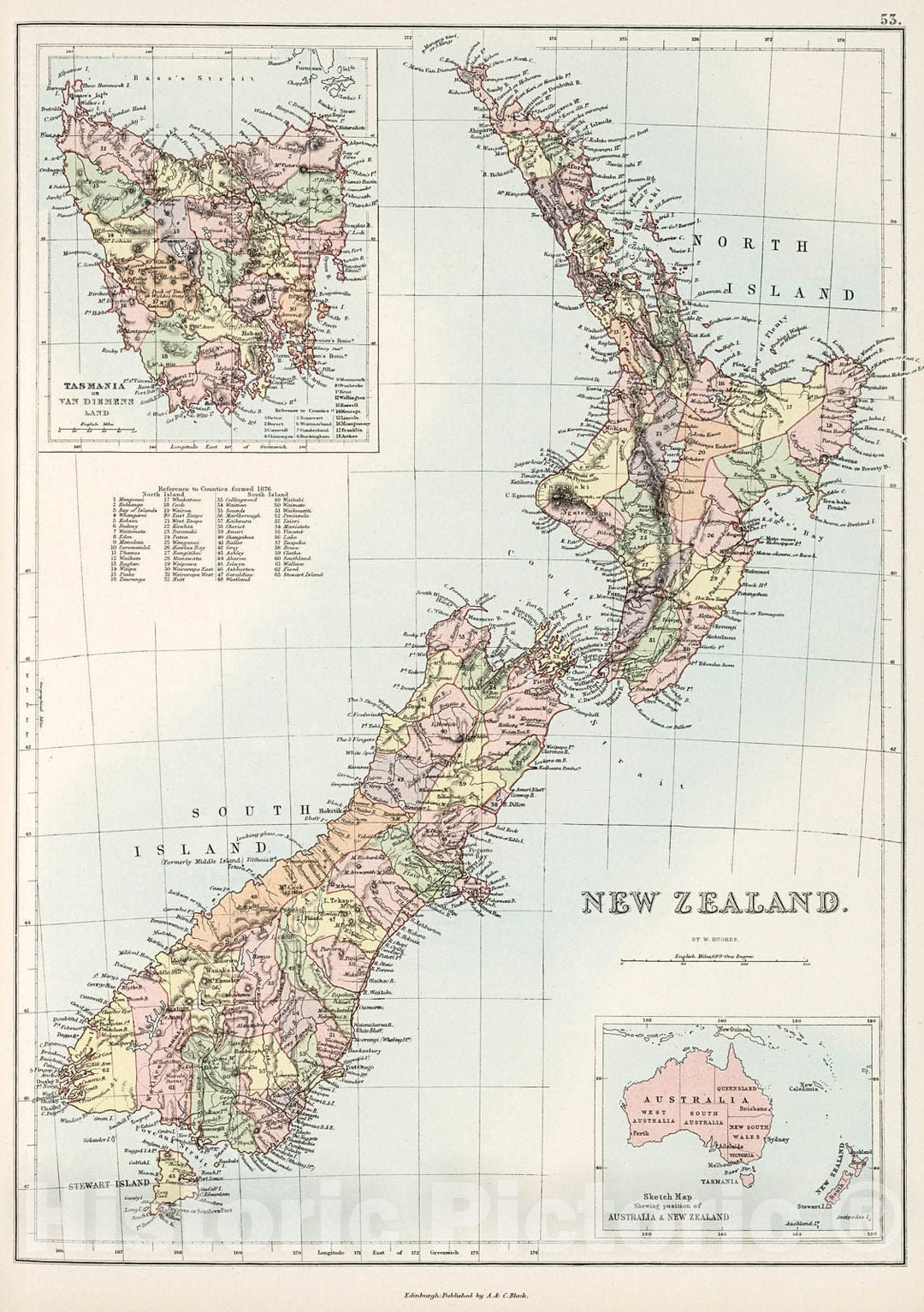 Historic Map : New Zealand., 1884, Vintage Wall Decor