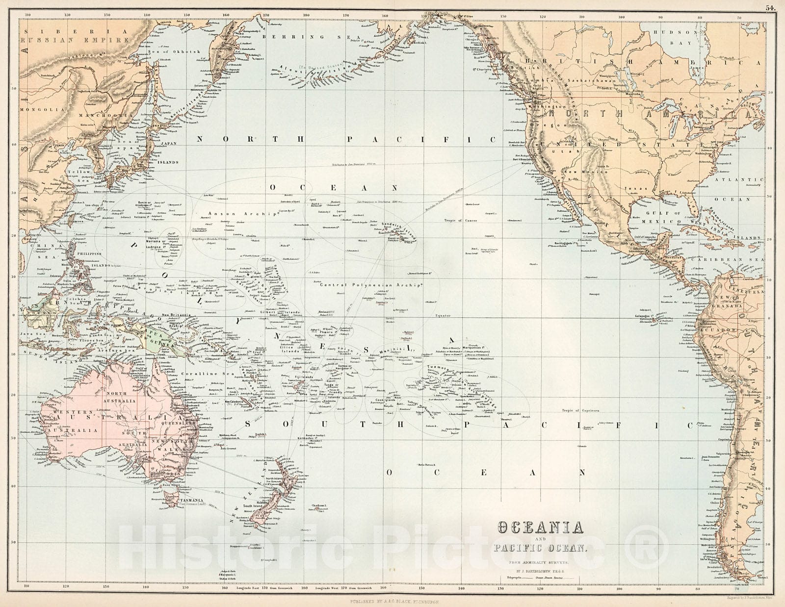 Historic Map : Oceania and Pacific Ocean., 1884, Vintage Wall Decor