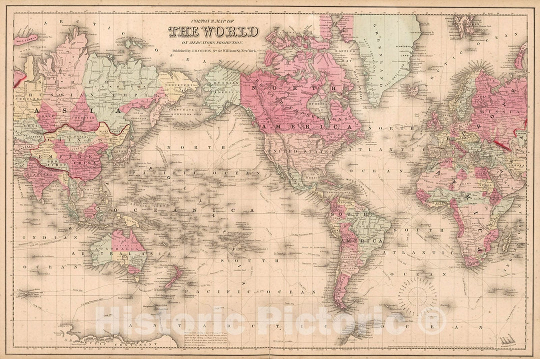 Historic Map : Colton's Map of the World in Mercator's projection., 1861, Vintage Wall Decor