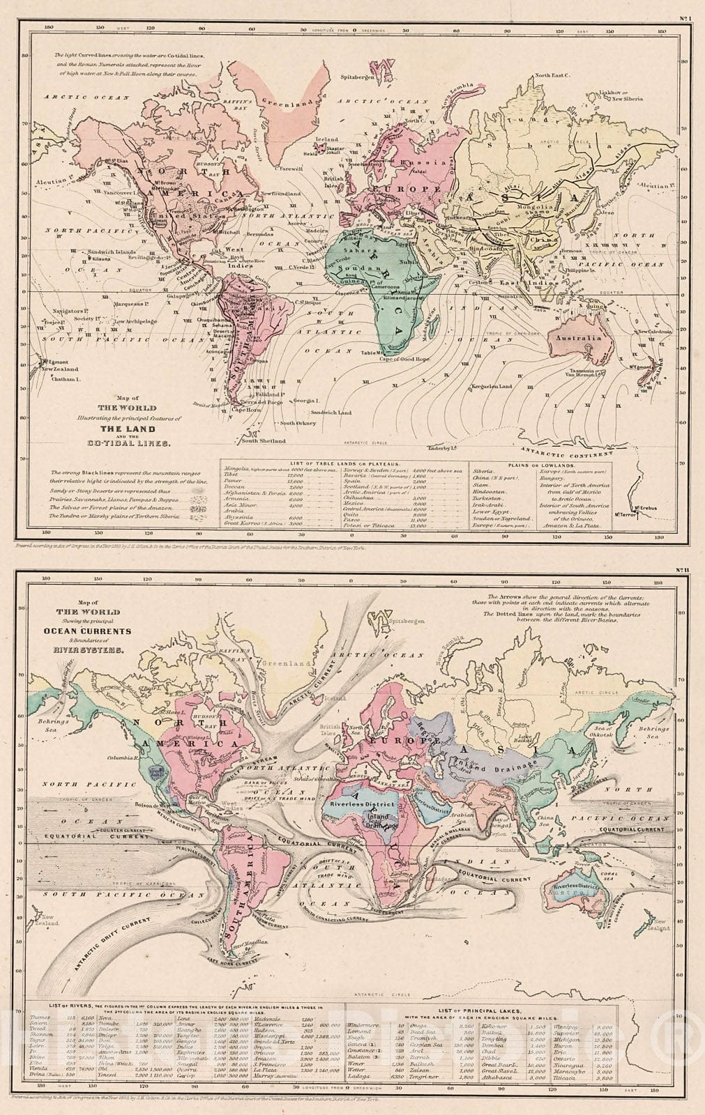 Historic Map : World ... Land and the Co-Tidal Lines. World ... Ocean Currents and Boundaries of River Systems., 1861, Vintage Wall Decor