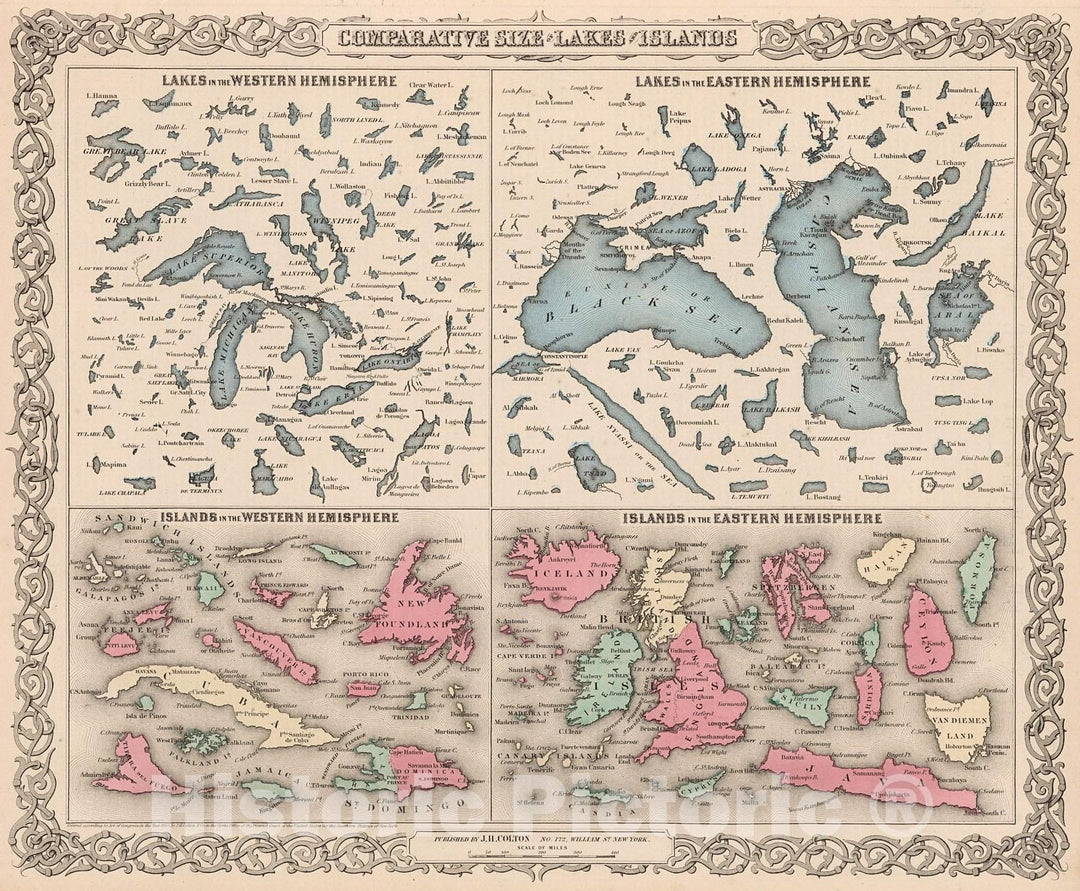 Historic Map : Comparative Size of Lakes and Islands., 1861, Vintage Wall Decor