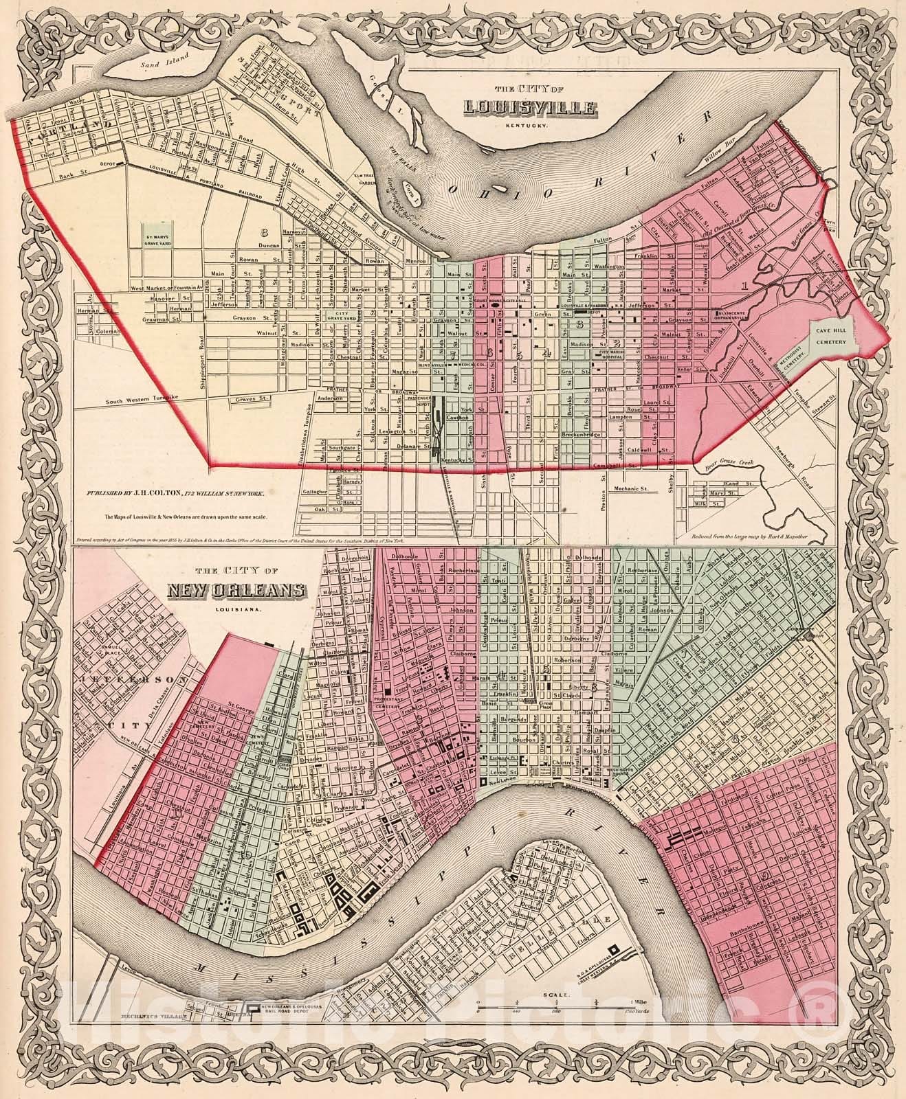 Historic Map : Louisville, Kentucky. New Orleans, Louisiana., 1861, Vintage Wall Decor