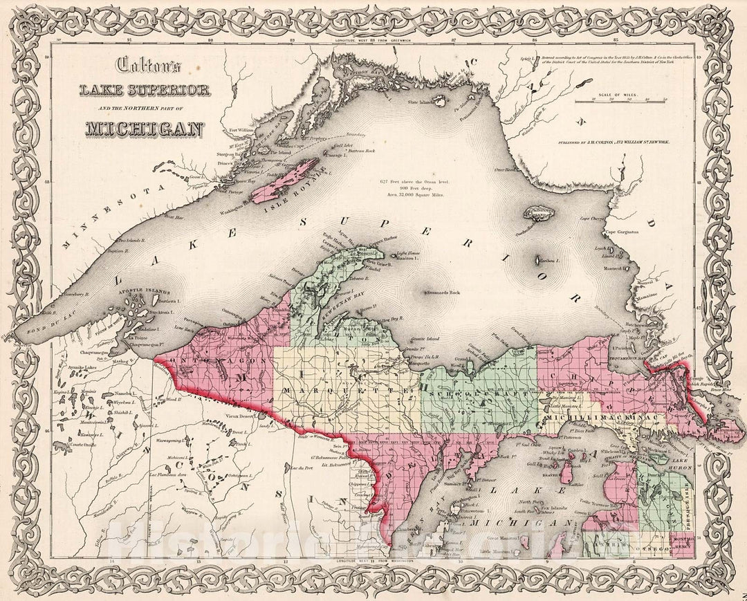 Historic Map : Lake Superior and the Northern Part of Michigan., 1861, Vintage Wall Decor