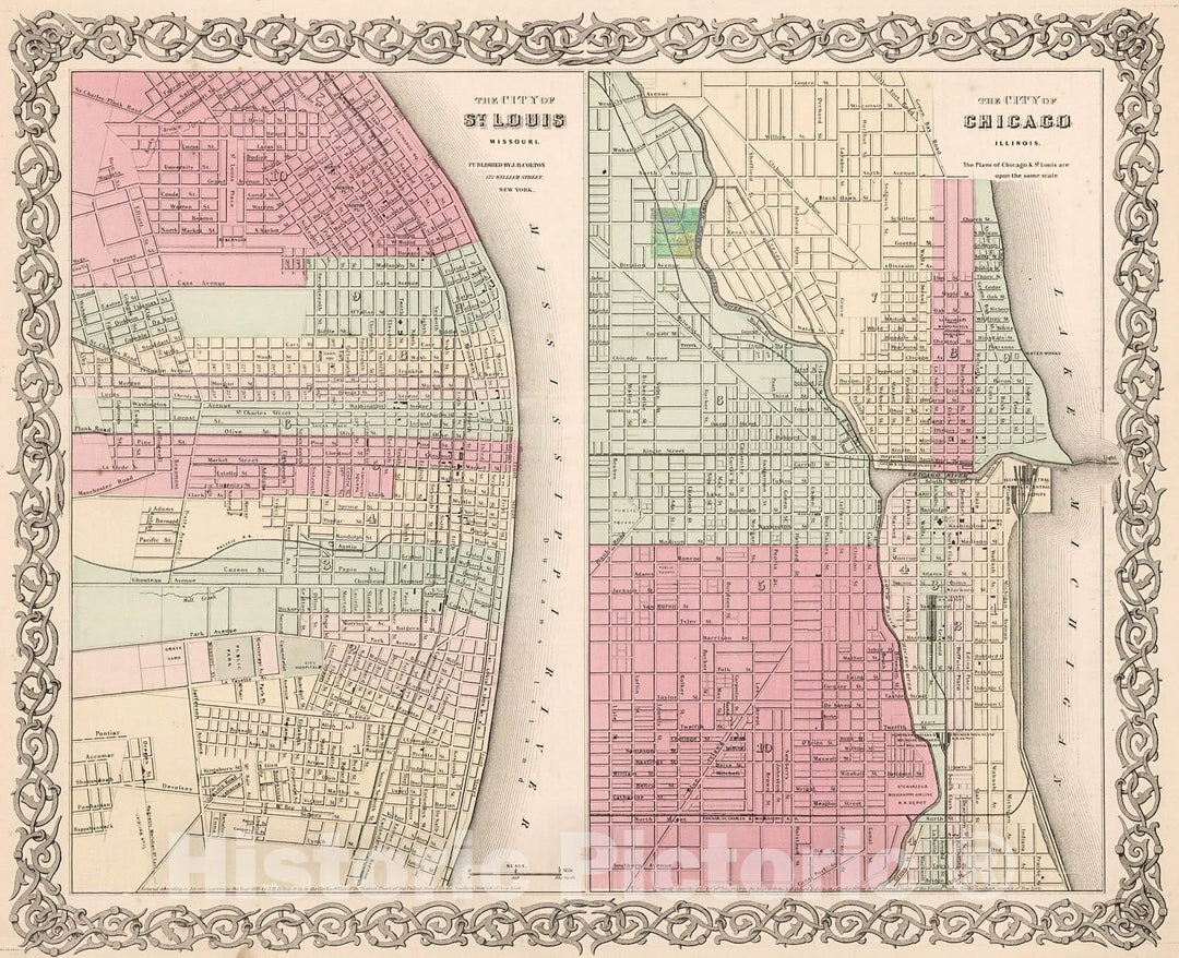 Historic Map : City of St. Louis. City of Chicago., 1861, Vintage Wall Decor